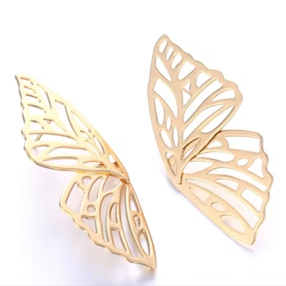 Big Gold Butterfly Wing Earrings Abstract Cutout Butterflies Line Art Wings Post - Picture 1 of 7